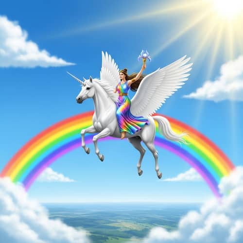 Goddess of Rainbows Iris Riding Unicorn - Majestic Spectacle