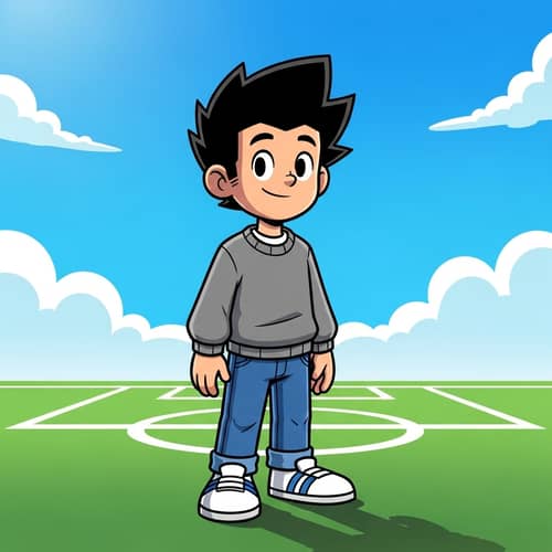 Cartoon Drawing of 8-Year-Old Boy in Soccer Field