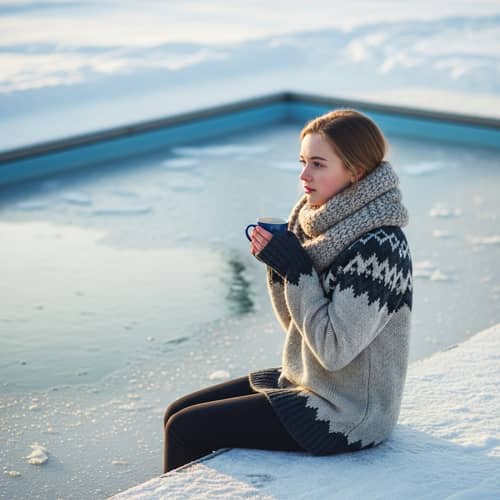 Scandinavian Girl Enjoying a Drink by the Frozen Pool