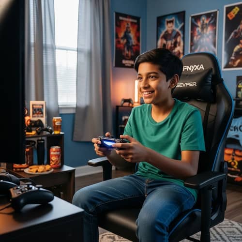 Joyful South Asian Boy Playing Modern Video Game