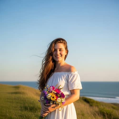 Beautiful Caucasian Woman in Off-Shoulder White Dress on Grassy Hill