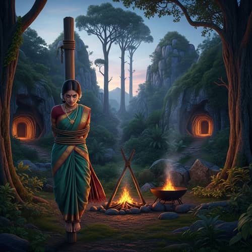 South Asian Girl Tied to Pole in Prehistoric Setting