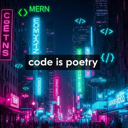Futuristic Cyberpunk Cityscape: Learn MERN Stack & Coding Symbols