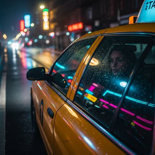 Mysterious Night Time Cityscape with Taxi and Enigmatic Female Silhouette