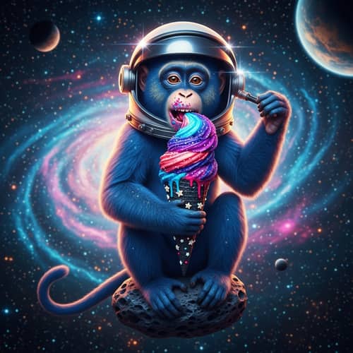 Blue Monkey Eating Space-Themed Ice Cream