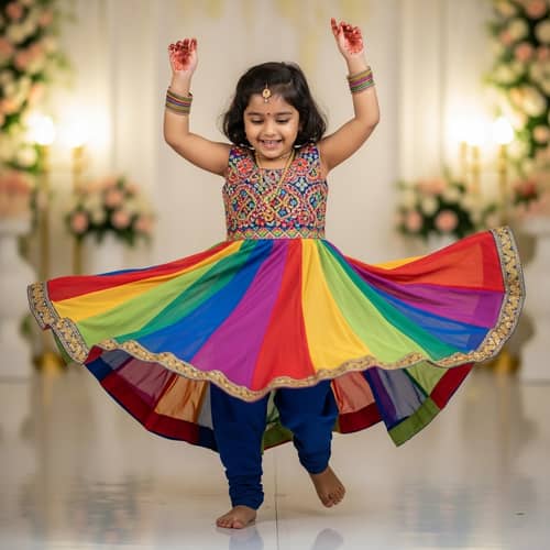Joyful South Asian Girl Dancing in Colorful Traditional Dress