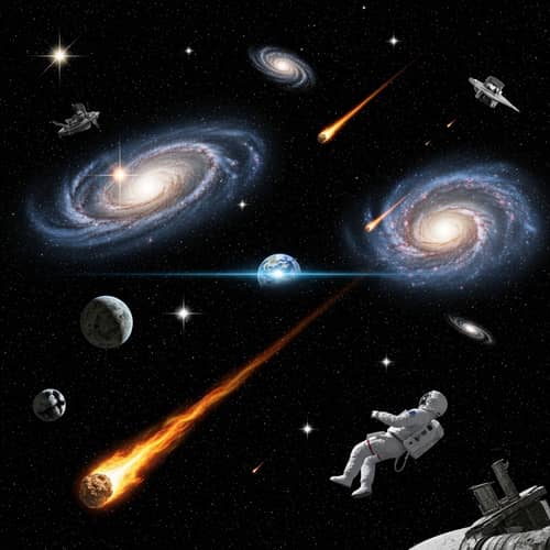 Ethereal Space Scene: Sparkling Celestial Bodies and Swirling Galaxies