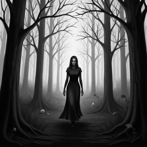 Ethereal Figure in Shadow-Ridden Forest - Surrealist Art