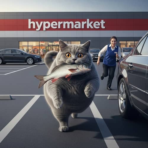 Fat British Grey Cat with Fish in Parking Lot
