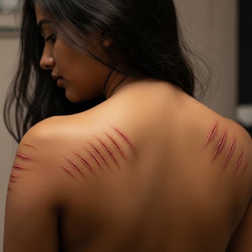 South Asian Female with Scratches on Her Back South Asian Female with Scratches on Her Back