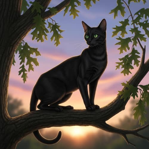 Graceful Domestic Shorthaired Cat on Oak Tree Branch