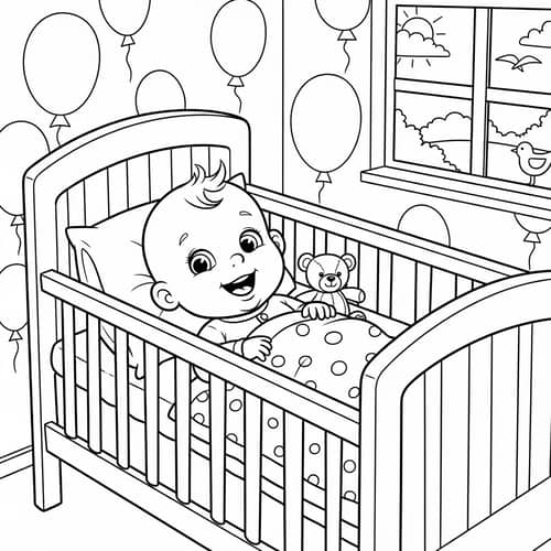 Happy Baby in a Crib Coloring Book Page
