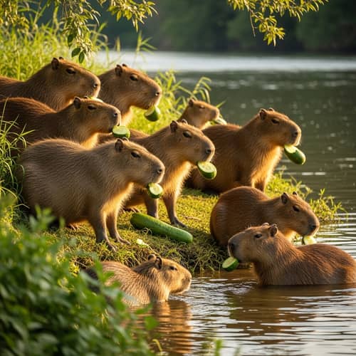 Diverse Group of Capybaras Munching on Cucumbers