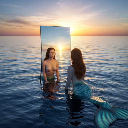 Caucasian Mermaid Reflection in Ocean Mirror