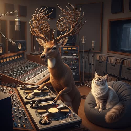 Deer DJ and Cat Having Fun in Recording Studio