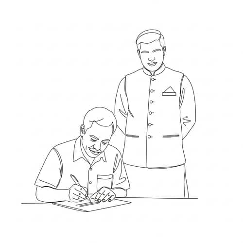 Minimalist Line Drawing of Middle-Aged Man Writing with Vesti Sattai Figure