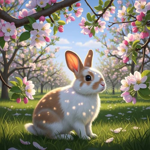Fluffy Bunny in Blossoming Apple Garden