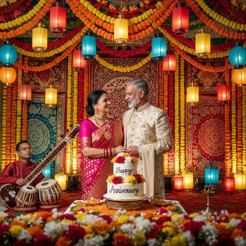 Indian Wedding Anniversary Celebration with Vibrant Colors and Traditional Decorations