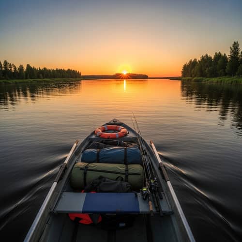 Tranquil River Sunset Adventure - Camping & Fishing Gear in Boat