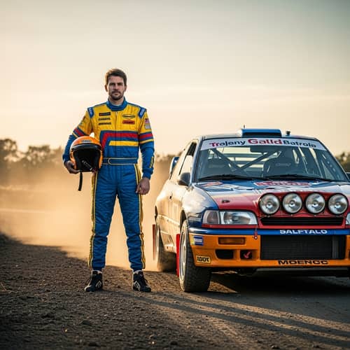 1990s Rally Car Driver | Colorful Racing Suit & Dust-covered Rally Car
