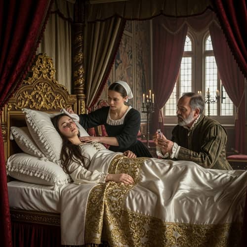 Ill Queen on Elaborate Bed | Regal Chamber Medical Scene