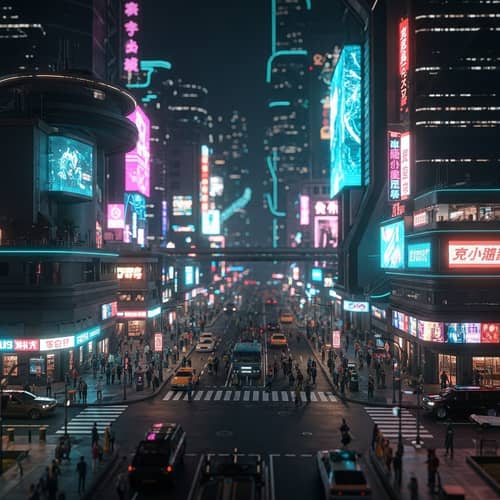 Miniature Cyberpunk Cityscape with Neon Lights | Dystopian Urban Landscape