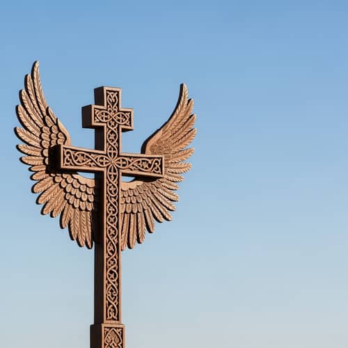 Intricately Carved Wooden Cross with Cherubim Wings
