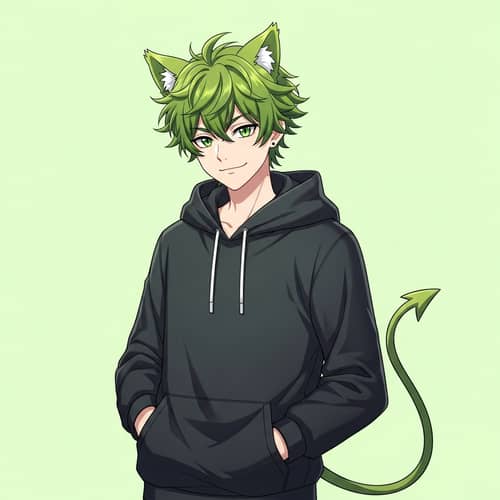Green-Eyed Anime Boy with Kiwi Hair, Cat Ears, and Devil Tail