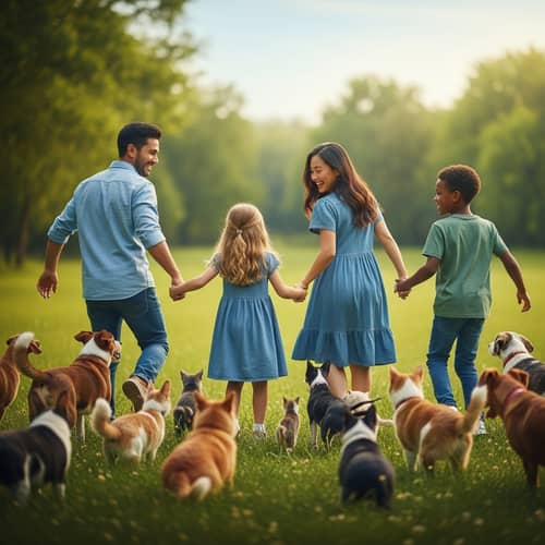 Happy Multicultural Family Playing on Lush Green Meadow with Pets