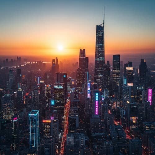 Futuristic City Skyline at Sunset - Neon Cyberpunk Scene