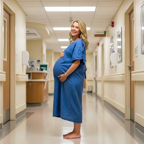 Pregnant Caucasian Woman in Hospital Hallway | Blue Gown