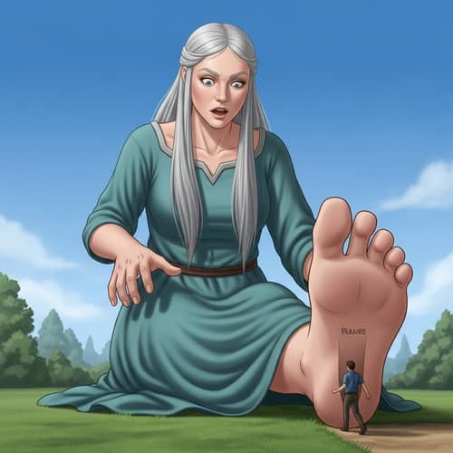 Colossal Norse Giantess and Tiny Human Figure Contrasted in Surreal Scene