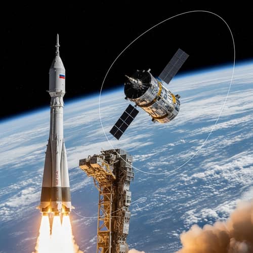 Russian Space Mission: Rocket Launch and Satellite in Earth's Orbit