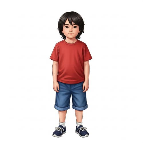 Detailed Illustration of Chinese Boy | 12-Year-Old in Blue Denim Shorts