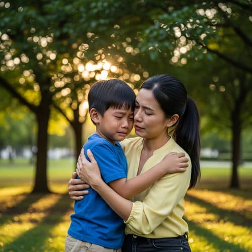 Emotional Asian Boy Embracing Mother Outdoors | Sunset Park Scene