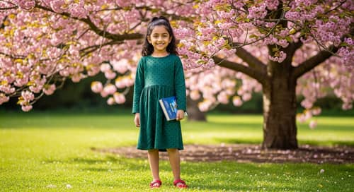 Young South Asian Girl Portrait in Forest Green Dress by Cherry Blossom Tree