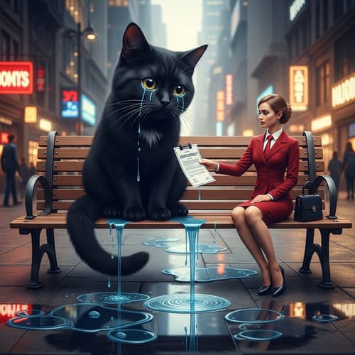 Sorrowful Cartoon Black Cat on Bench Receives Job Contract