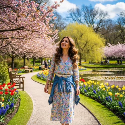 Springtime Park Stroll: Stylish Woman with Wavy Hair