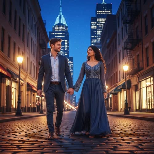 Young Couple Walking Hand in Hand on City Street at Night