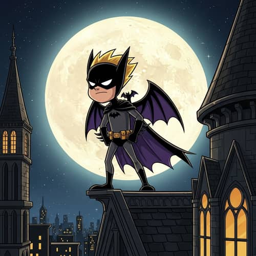 Bart Simpson Batman: Cartoonish Boy on Rooftop with Moon