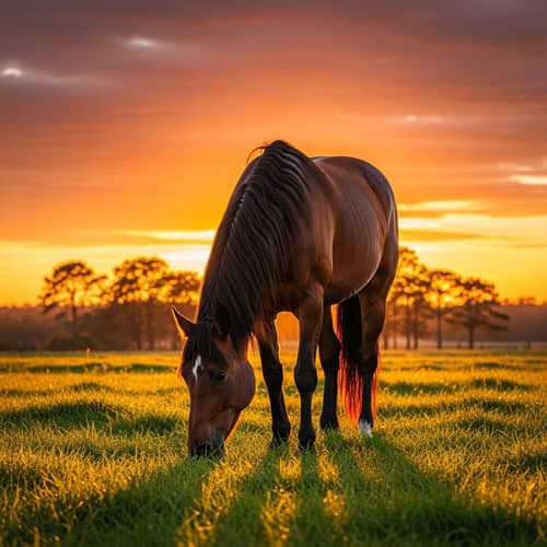 Brown Horse Grazing in Sunset Field | Peaceful Scene