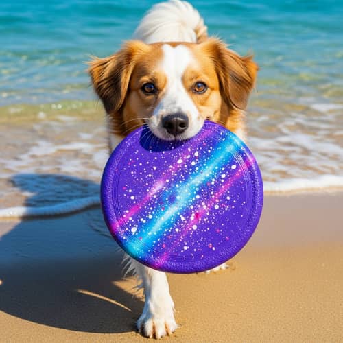 Adorable Dog Playing with Frisbee on Sunny Beach