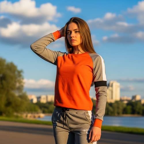 Fit Young Caucasian Woman Outfit Orange Grey | Outdoor Lifestyle