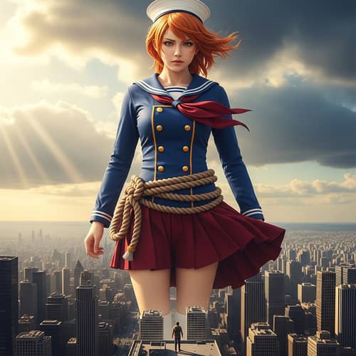 Colossal Female Sailor Towering Over City Landscape