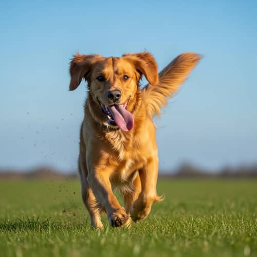 Joyful Canine Species Bounding Delightfully in Green Meadow