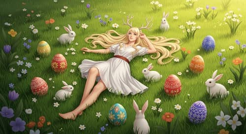 Enchanting Goddess in Blossoming Field with Bunnies and Colorful Eggs