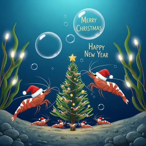 Underwater Christmas & New Year Greeting Card | Festive Shrimp Family Celebration