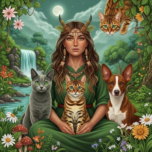 Golden Bengal Cat and Shaman Woman in a Green Tone Scene