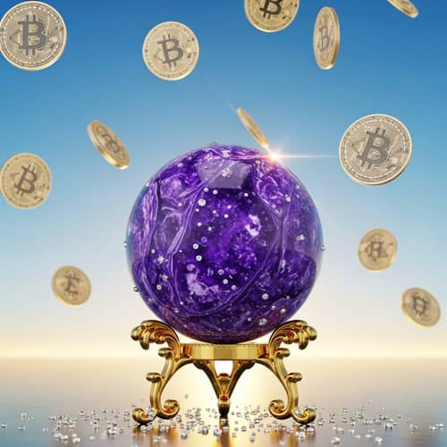Sphere-shaped Charoite Mineral on Golden Stand | Bitcon Coins Background
