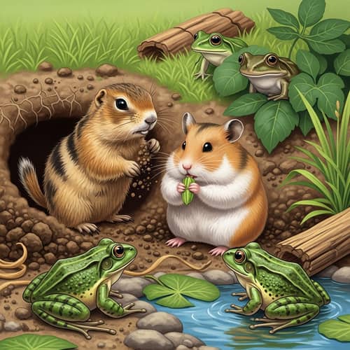 Enchanting Wildlife Scene with Gopher, Hamster, and Frogs